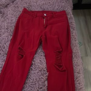 Stylish Red Distressed Women's Pants